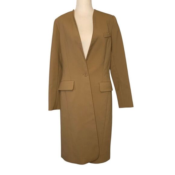 Smythe Skinny Lapel Wool Coat Mid Length Button Closure Size 6 Camel - Picture 2 of 11